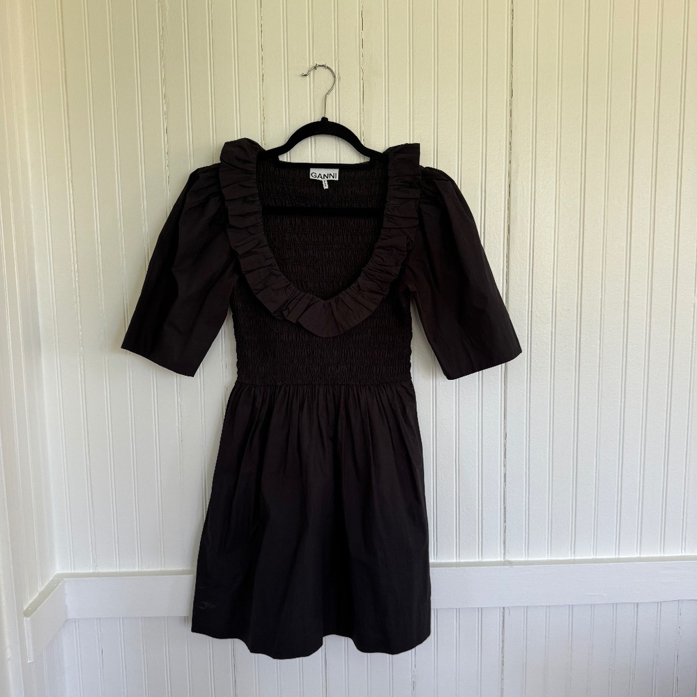 Ganni Smocked Organic Cotton Poplin Dress Size 2